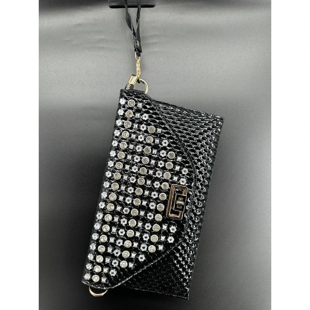 Black Studded Clutch Wristlet Crossbody Bag Rhinestone Snake Embossed Gold Purse